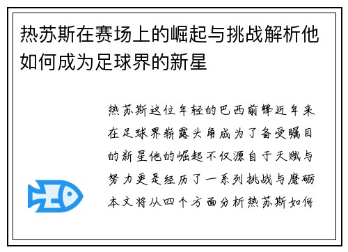 热苏斯在赛场上的崛起与挑战解析他如何成为足球界的新星