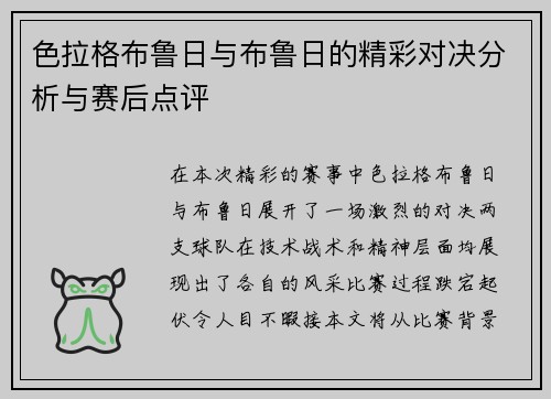 色拉格布鲁日与布鲁日的精彩对决分析与赛后点评